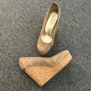 Jimmy Choo Tan Suede Wedges with Cork Heel